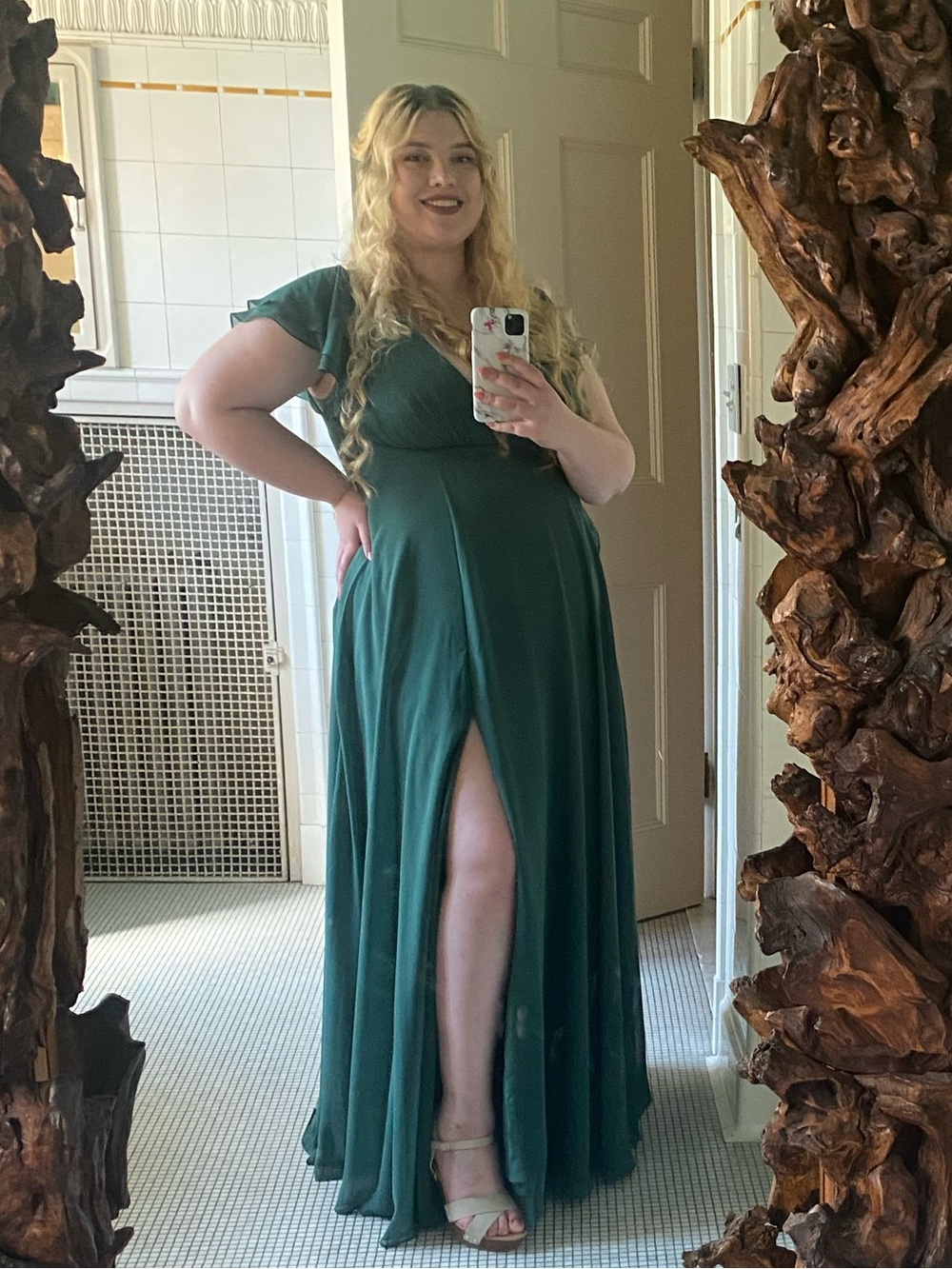 Azazie Ashika dress in dark green - size A18, V neck with flutter sleeves